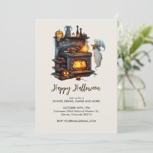 Spooky Ghost Chef met Classic Oven, Halloween Kaart (Staand voorkant)