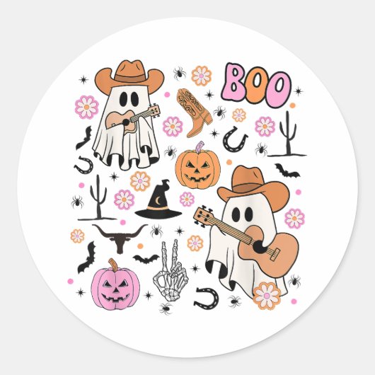 Spooky Ghost Cowboy Schattige Halloween Boo Wester Ronde Sticker (Voorkant)