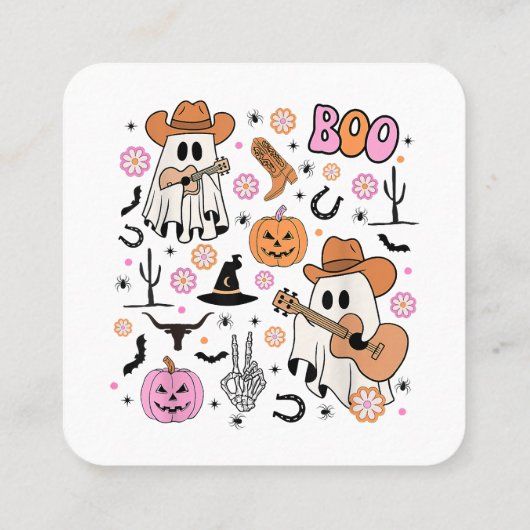Spooky Ghost Cowboy Schattige Halloween Boo Wester Vierkante Visitekaartje (Achterkant)