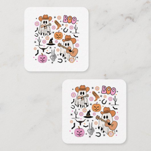 Spooky Ghost Cowboy Schattige Halloween Boo Wester Vierkante Visitekaartje (Voorkant / Achterkant)