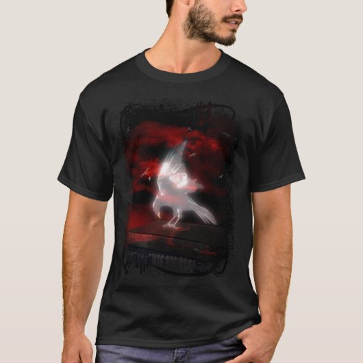 Spooky Ghost Crow met Red Sky, Clouds & Book T-shirt (Voorkant)