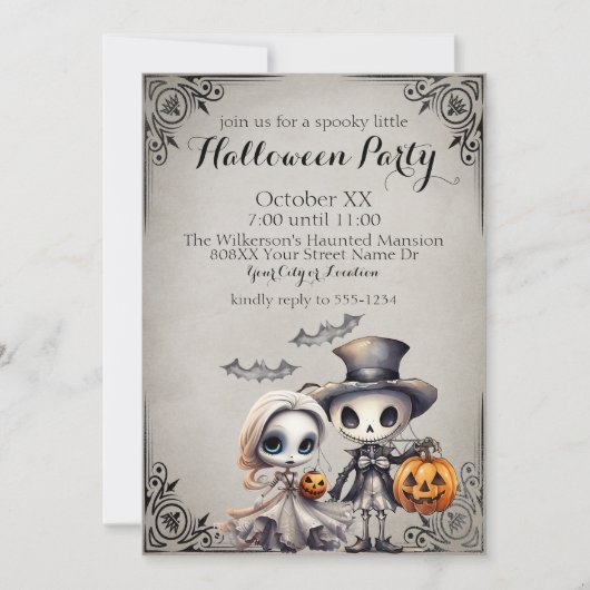 Spooky Ghost Doll en Skeleton Halloween Party Kaart (Voorkant)