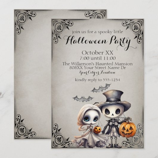 Spooky Ghost Doll en Skeleton Halloween Party Kaart (Voorkant / Achterkant)