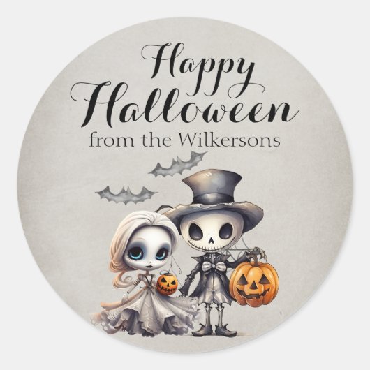 Spooky Ghost Doll en Skeleton Halloween Ronde Sticker (Voorkant)