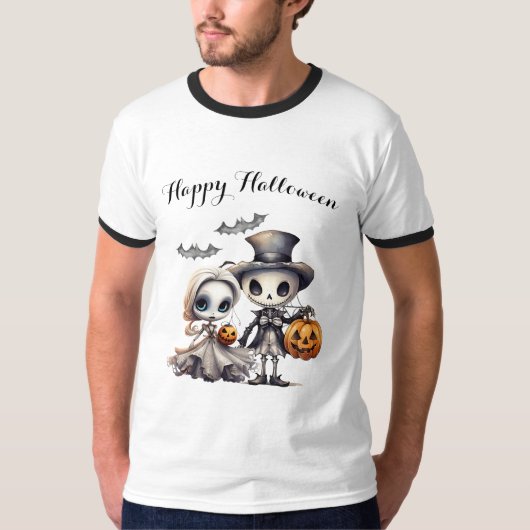Spooky Ghost Doll en Skeleton Halloween T-shirt (Voorkant)