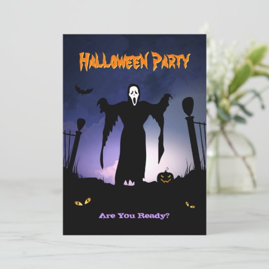 Spooky Ghost Graveyard Pumpkin Halloween Party Kaart (Staand voorkant)