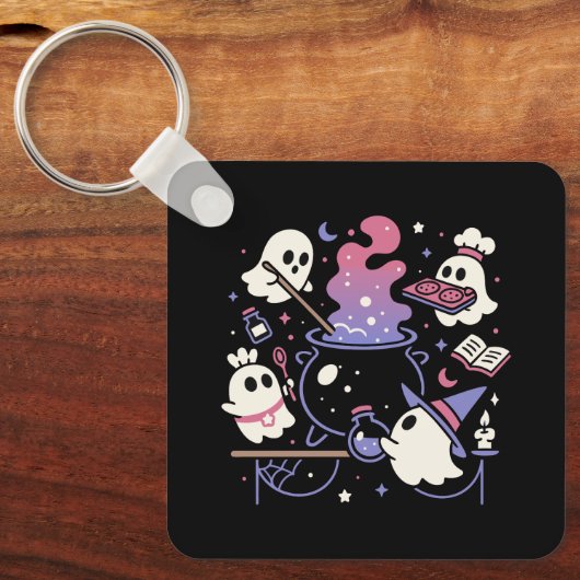 Spooky Ghost Halloween Witch Cauldron Sleutelhanger (Voorkant)