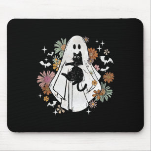 Spooky Ghost Holding Black Cat Groovy Floral Hallo Muismat