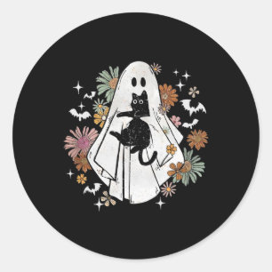 Spooky Ghost Holding Black Cat Groovy Floral Hallo Ronde Sticker