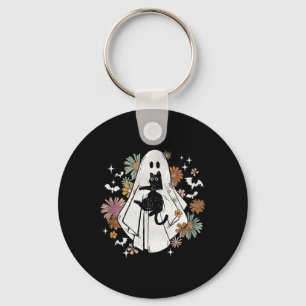 Spooky Ghost Holding Black Cat Groovy Floral Hallo Sleutelhanger