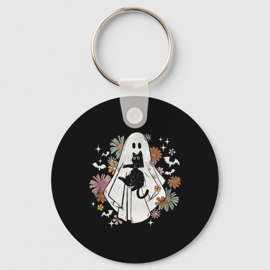 Spooky Ghost Holding Black Cat Groovy Floral Hallo Sleutelhanger (Voorkant)