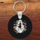 Spooky Ghost Holding Black Cat Groovy Floral Hallo Sleutelhanger (Voorkant)
