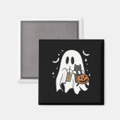 Spooky Ghost Holding Black Cat Halloween Ice Coffe Magneet (Voorkant / Achterkant)