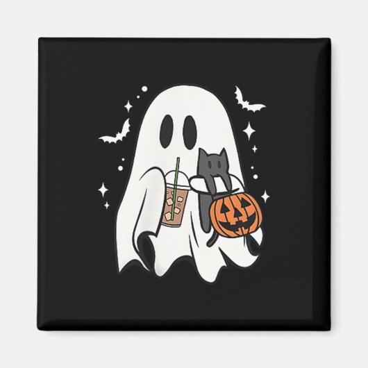 Spooky Ghost Holding Black Cat Halloween Ice Coffe Magneet (Voorkant)