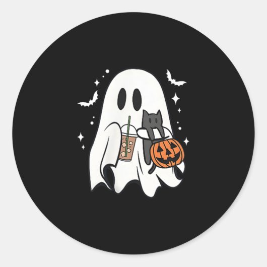 Spooky Ghost Holding Black Cat Halloween Ice Coffe Ronde Sticker (Voorkant)
