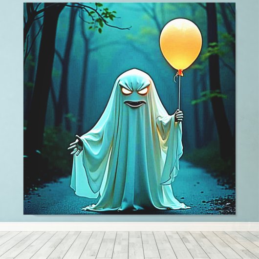 Spooky Ghost met griezelige ballon Canvas Afdruk (Insitu (Houten vloer))