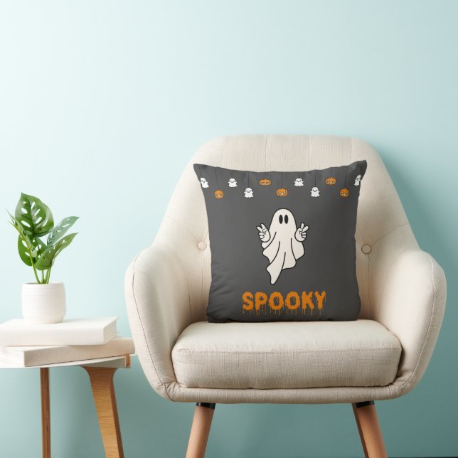 Spooky Ghost met Jack-O' Lantaarns Grijs Halloween Kussen (Stoel)