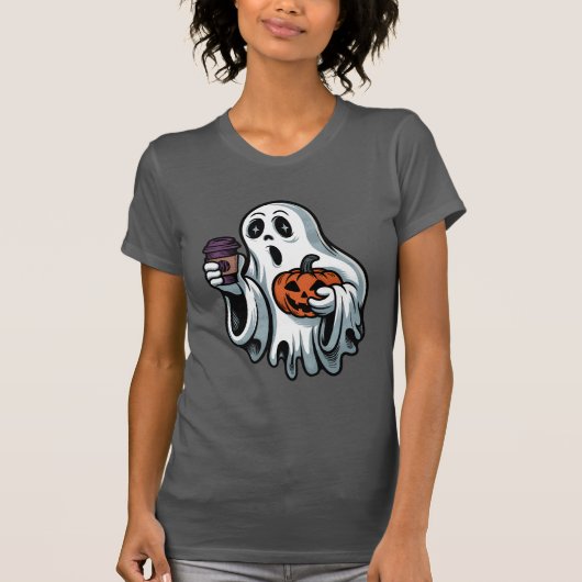Spooky Ghost met koffie en pompoen Halloween T-shirt (Voorkant)