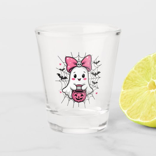 Spooky Ghost met Pink Bow borstkanker bewustzijn Shot Glas (Voorkant)