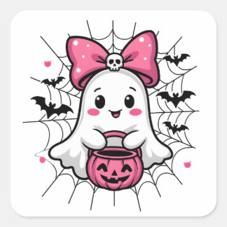 Spooky Ghost met Pink Bow borstkanker bewustzijn Vierkante Sticker