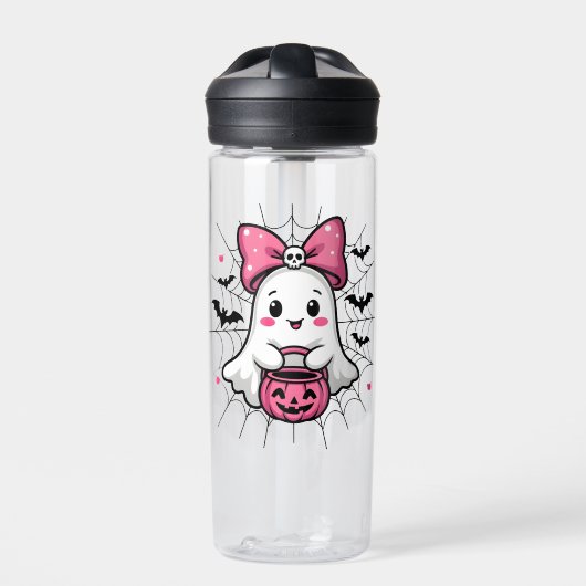 Spooky Ghost met Pink Bow borstkanker bewustzijn Waterfles (Voorkant)
