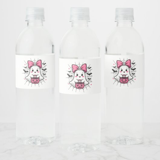 Spooky Ghost met Pink Bow borstkanker bewustzijn Waterfles Etiket (Flessen)
