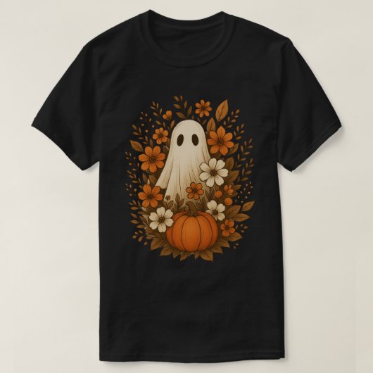 Spooky Ghost Omgeven Door Herfst Bloemen Pompoen T-shirt (Design voorkant)
