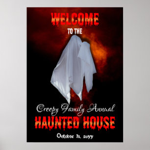 Spooky Ghost op Fiery Sky Haunted House Welkom Po Poster