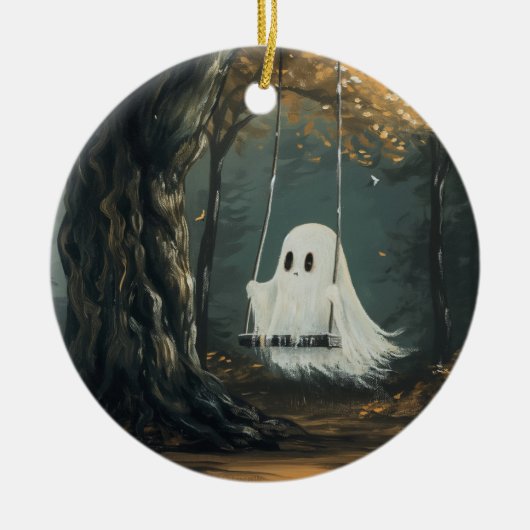 Spooky Ghost op Swing Halloween Autumn Forest Keramisch Ornament (Voorkant)