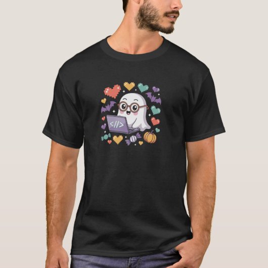 Spooky Ghost Programmer Design met Codering Laptop T-shirt (Voorkant)