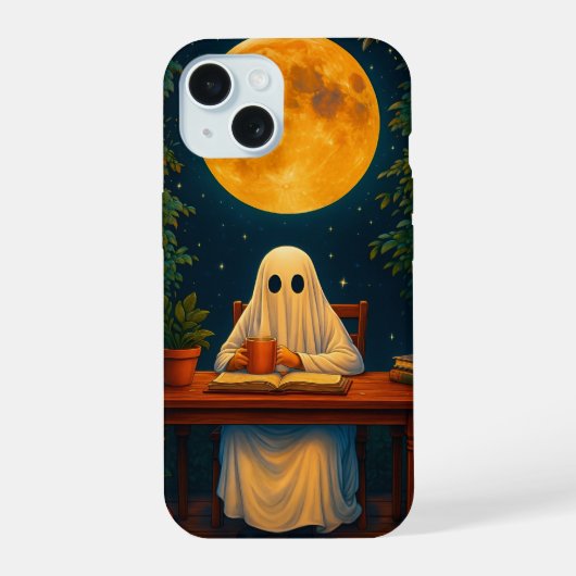 Spooky Ghost Reading onder Full Moon Hoesje iPhone 15 Case (Achterkant)