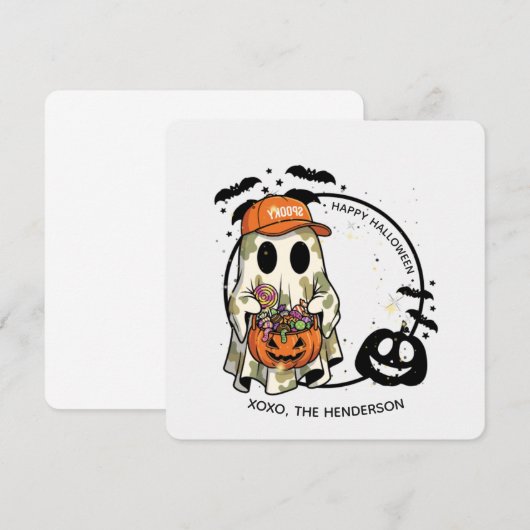 Spooky Ghost Round Sticker – Cute Halloween Candy Kaart (Voorkant / Achterkant)