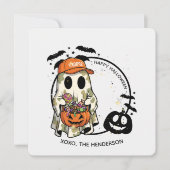 Spooky Ghost Round Sticker – Cute Halloween Candy Kaart (Voorkant)