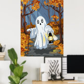 Spooky Ghost with Lantern in Autumn Forest Poster (Thuiskantoor)