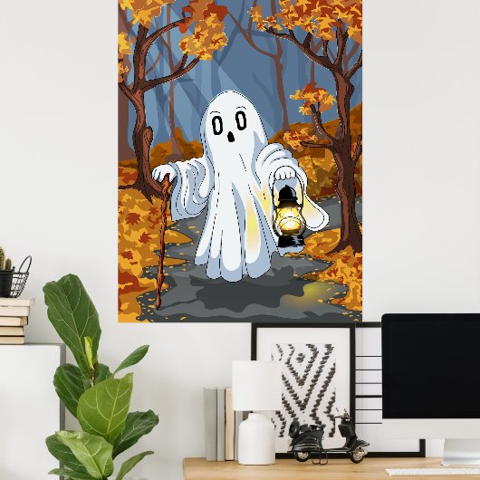 Spooky Ghost with Lantern in Autumn Forest Poster (Thuiskantoor)