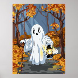 Spooky Ghost with Lantern in Autumn Forest Poster