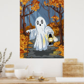 Spooky Ghost with Lantern in Autumn Forest Poster (Keuken)