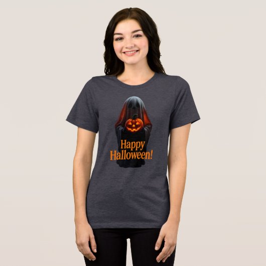 Spooky Ghost with Pumpkin – Happy Halloween  Tri-Blend Shirt (Voorkant volledig)