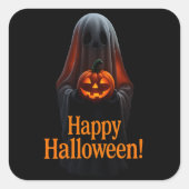 Spooky Ghost with Pumpkin – Happy Halloween Vierkante Sticker (Voorkant)