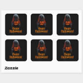 Spooky Ghost with Pumpkin – Happy Halloween Vierkante Sticker (Vel)