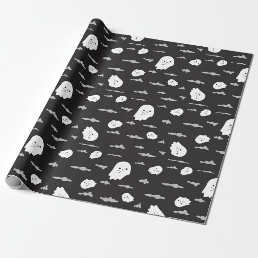 Spooky Ghosts and Clouds Black Wrapping Paper Cadeaupapier (Uitgerold)