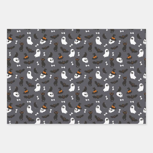 Spooky Ghosts Pumpkins Skulls Halloween Patterns Inpakpapier Vel (Voorkant)