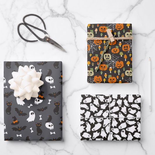 Spooky Ghosts Pumpkins Skulls Halloween Patterns Inpakpapier Vel (Voorkant)