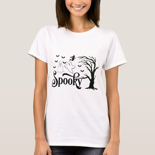 Spooky Ghosts Tree Birds Heks op bezem Halloween T-shirt (Voorkant)