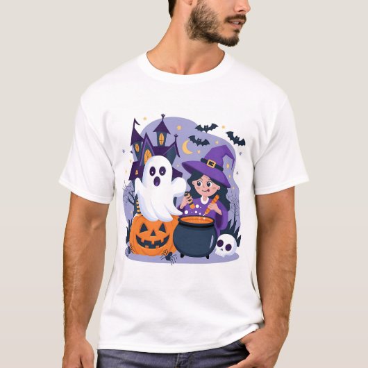 Spooky Girl en Pumpkin Ghost Pot Halloween T-shirt (Voorkant)