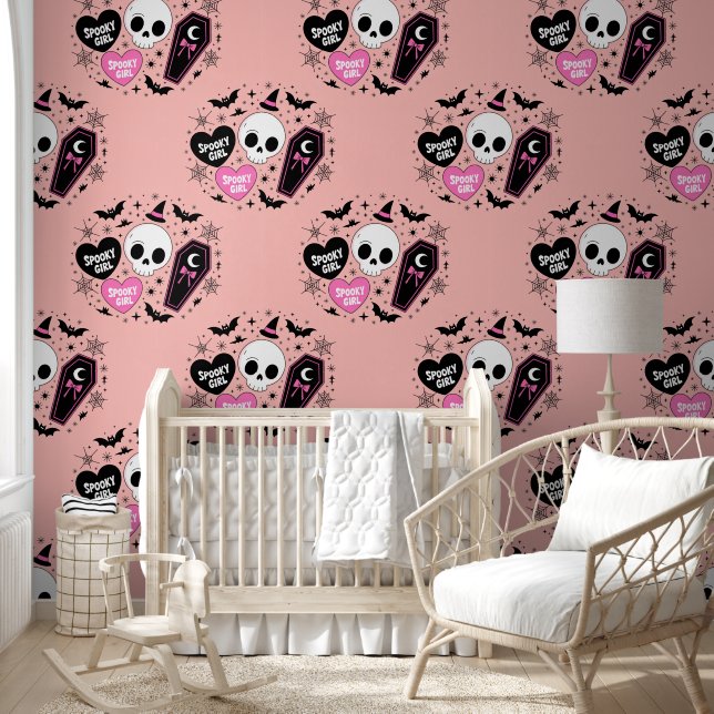 Spooky Girl Roze Gothic Halloween Naadloos Patroon Behang (Kinderen)