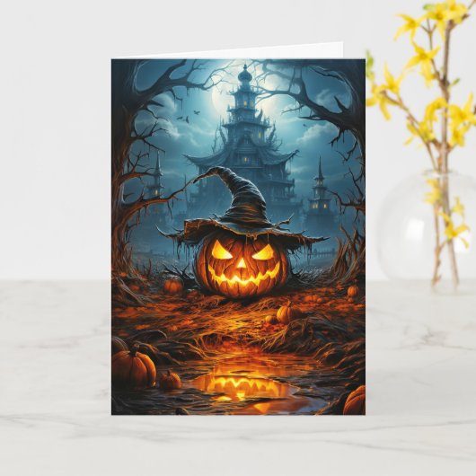 Spooky gloeiende Halloween pompoen Kaart (Gele Bloem)