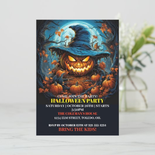 Spooky gloeiende pompoen Halloween Party uitnodigi Kaart (Staand voorkant)
