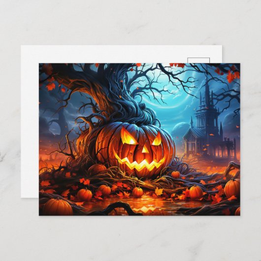 Spooky gloeiende pompoen in het bos briefkaart (Voorkant / Achterkant)