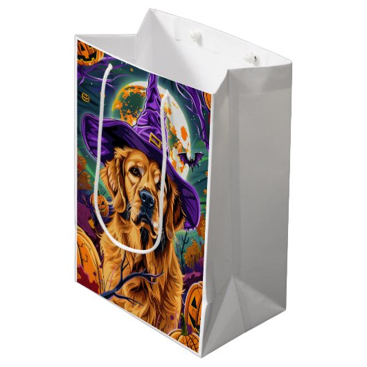 Spooky Golden Retriever Halloween Witch Pumpkin Medium Cadeauzakje (Voorkant Gekanteld)